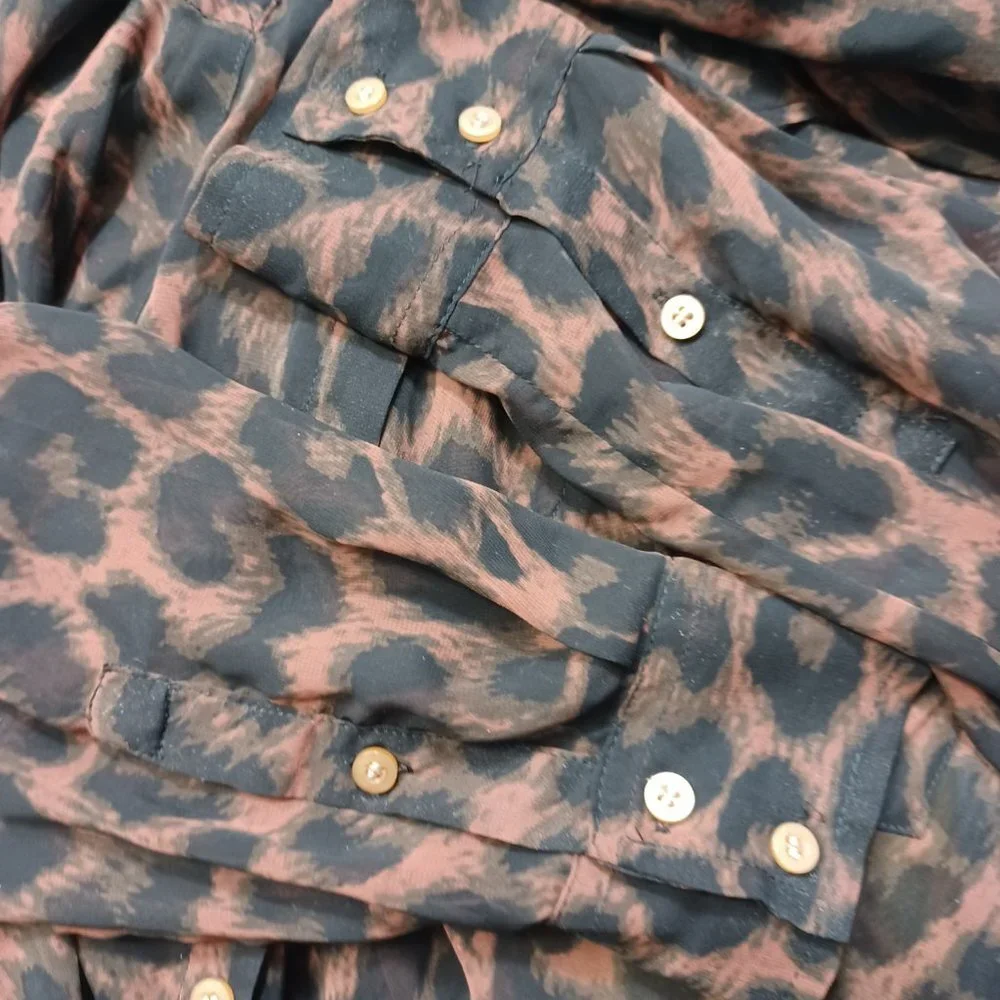 Free People Blouse Easy Rider Black Brown Leopard Print Chiffon Shirt Size Small